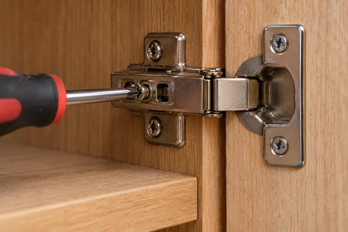 Micro-adjusting the depth screw of a concealed European hinge on a cabinet door