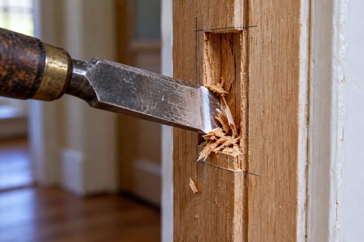 Carving a recessed strike plate mortise into a door frame jamb using a hand chisel