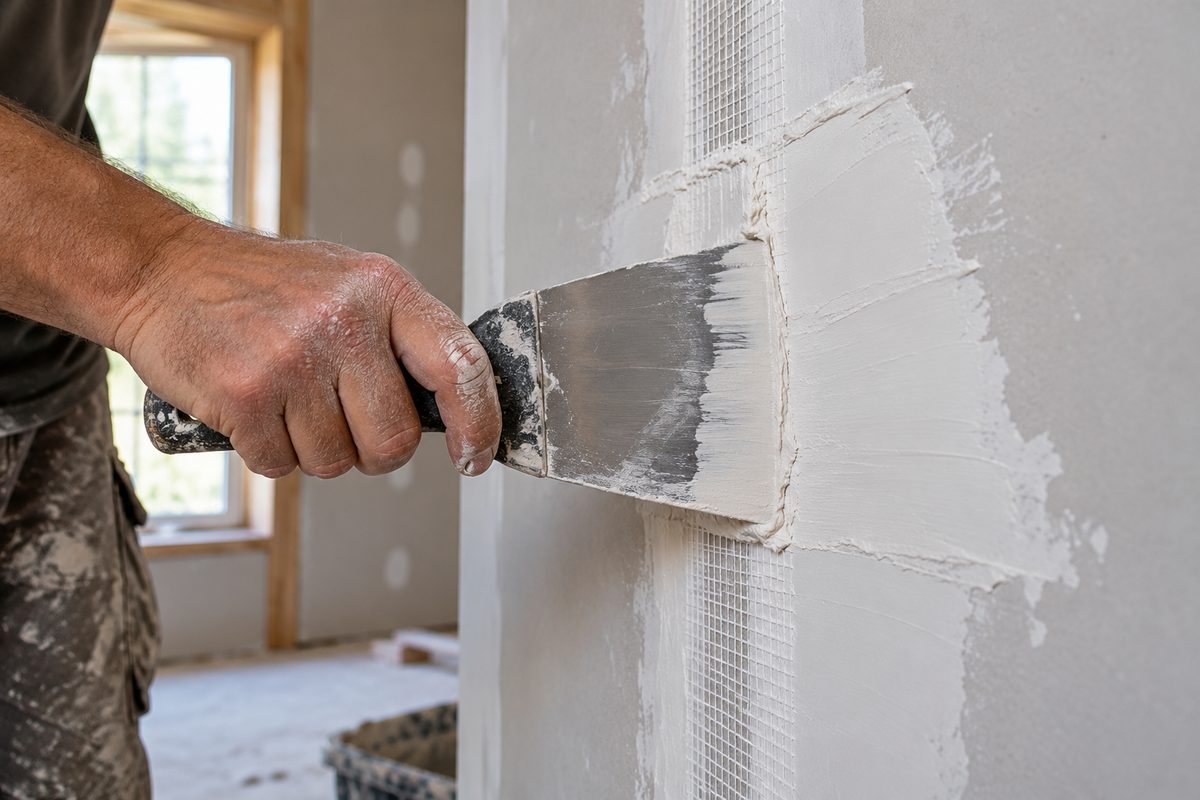 Stainless steel drywall taping knife applying joint compound over fiberglass mesh seam