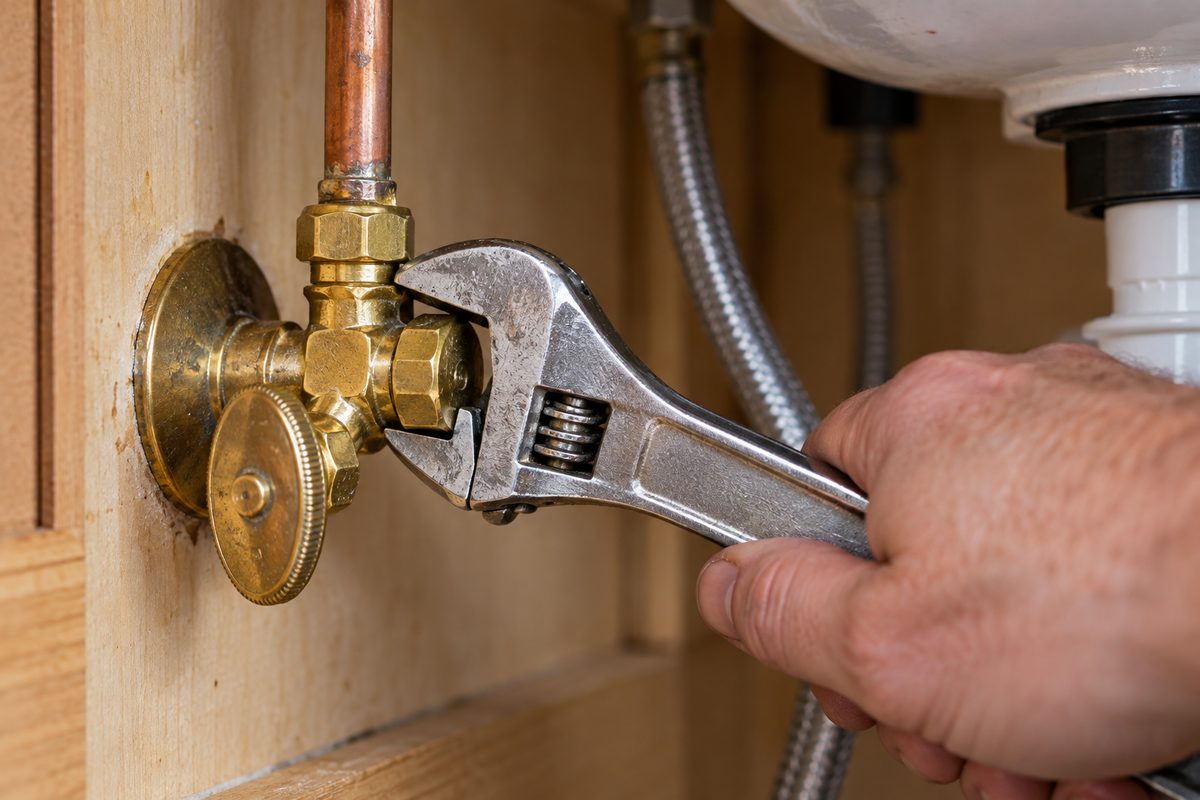 Tightening a brass quarter-turn water shutoff valve onto copper pipe with an adjustable wrench