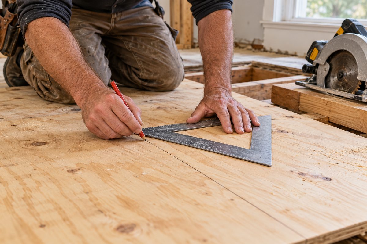 Marking cut lines on 3/4-inch structural subfloor plywood with a metal carpenter square