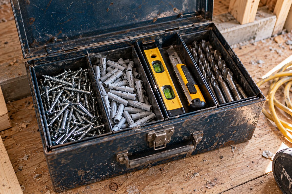 Organized contractor toolbox with stainless fasteners, torpedo level, and drill bits on subfloor