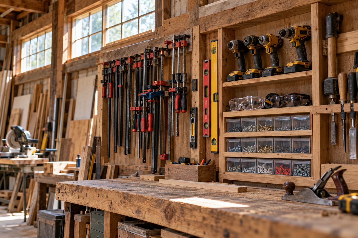 Pequannock contractor workshop with clamped lumber, spirit levels, and trade power tools